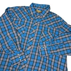 Wrangler Western Fashion Snap Shirt Mens 2XL Blue Plaid Metallic Silver WM929BL